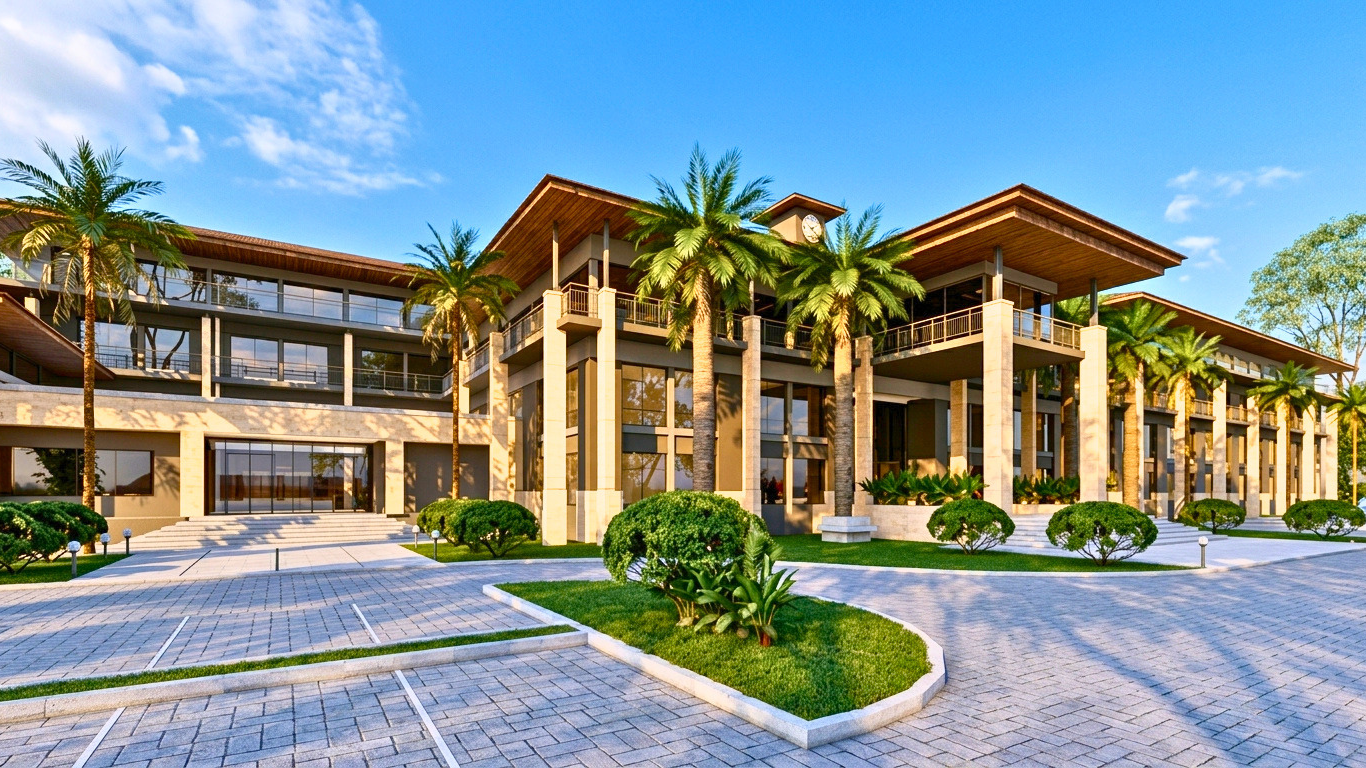 Modern university campus in Nairobi Karen area — golden hour, lush trees, serene institutional atmosphere