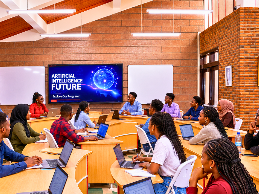Students at dual-monitor workstations in a high-tech La Salle College digital learning centre — cybersecurity and AI data visualisations, professional cool-blue lighting